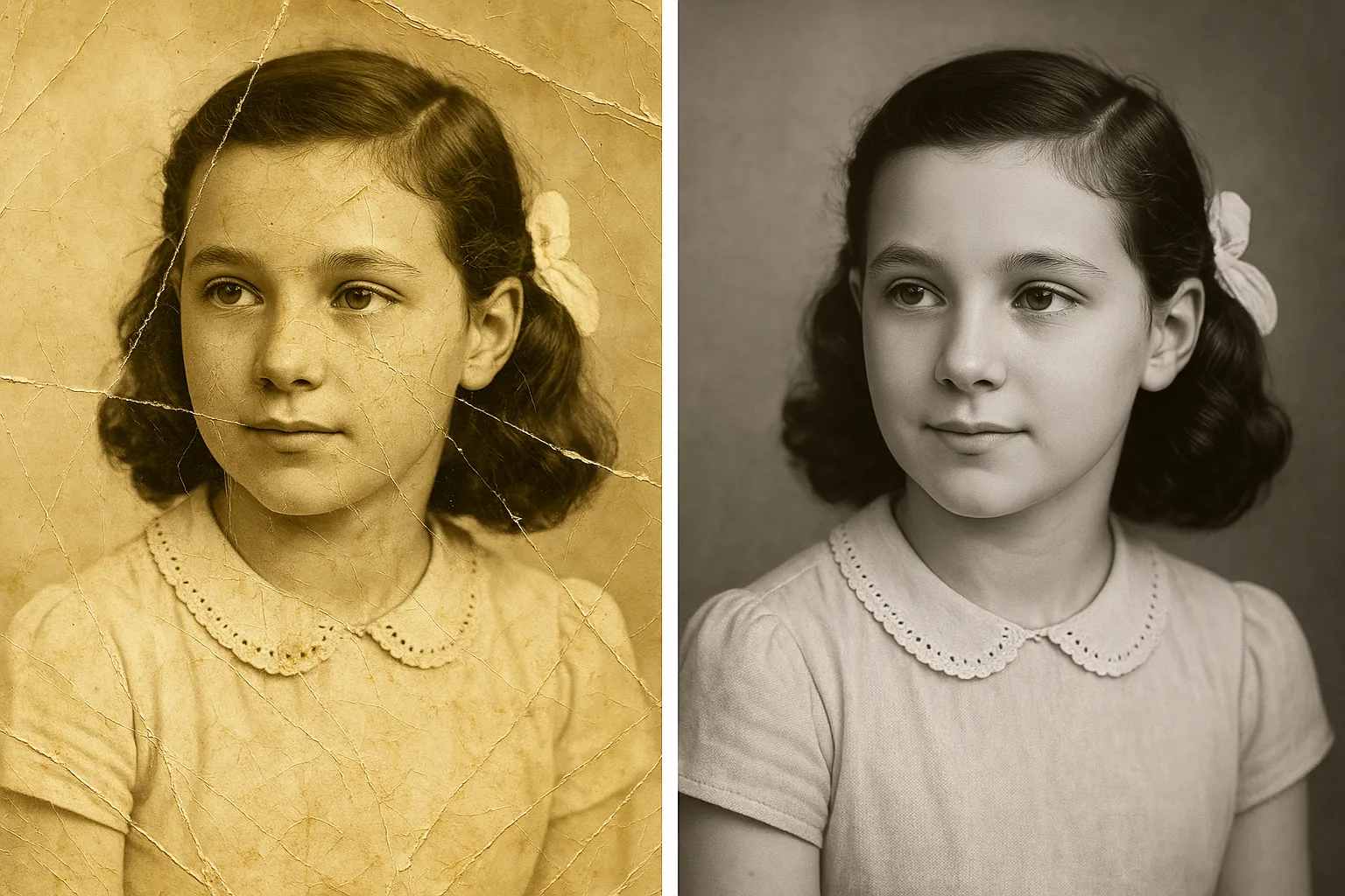 Ausgeblichenes Familienfoto vor und nach der professionellen Restaurierung