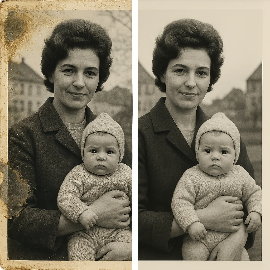 Historisches Foto mit schweren Wasserschäden, Flecken und Verfärbungen vor der professionellen Restaurierung