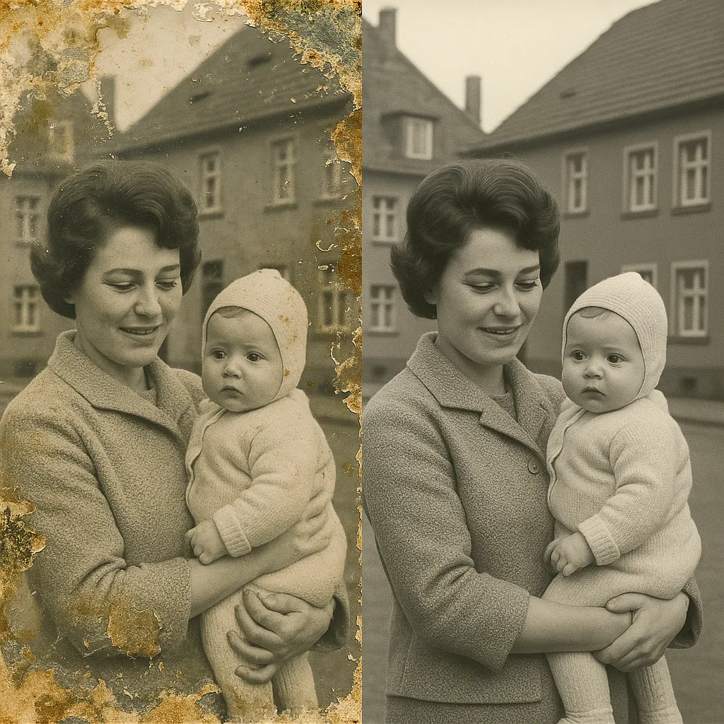 Vollständig restauriertes historisches Foto ohne Spuren von Wasserschäden nach professioneller digitaler Bearbeitung